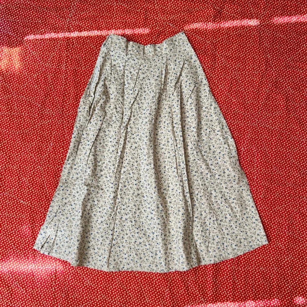 Vintage 70s Floral Midi Skirt Cream Blue Twee Coquette A-Line High Waist